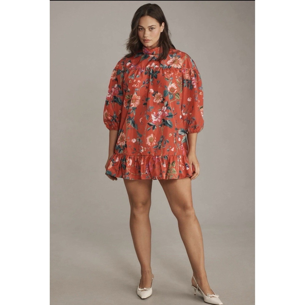 Anthropologie Red Floral Long Sleeve Mock‎ Neck Swing Mini Dress MP